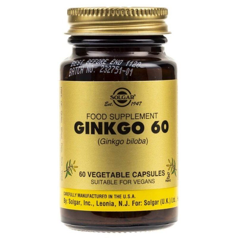 Miłorząb Japoński 60 mg - Ginkgo Biloba ekstrakt 24% Glikozydy i 6% Laktony Terpenowe (60 kaps.) Solgar