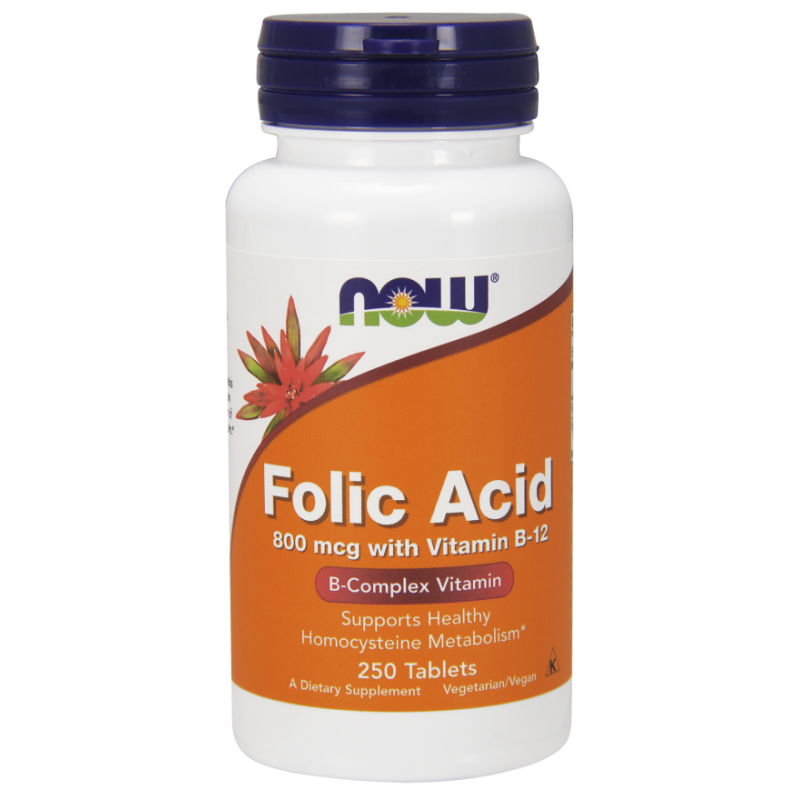 Folic Acid - Kwas foliowy 800 mcg + Witamina B12 25 mcg (250 tabl.) NOW Foods