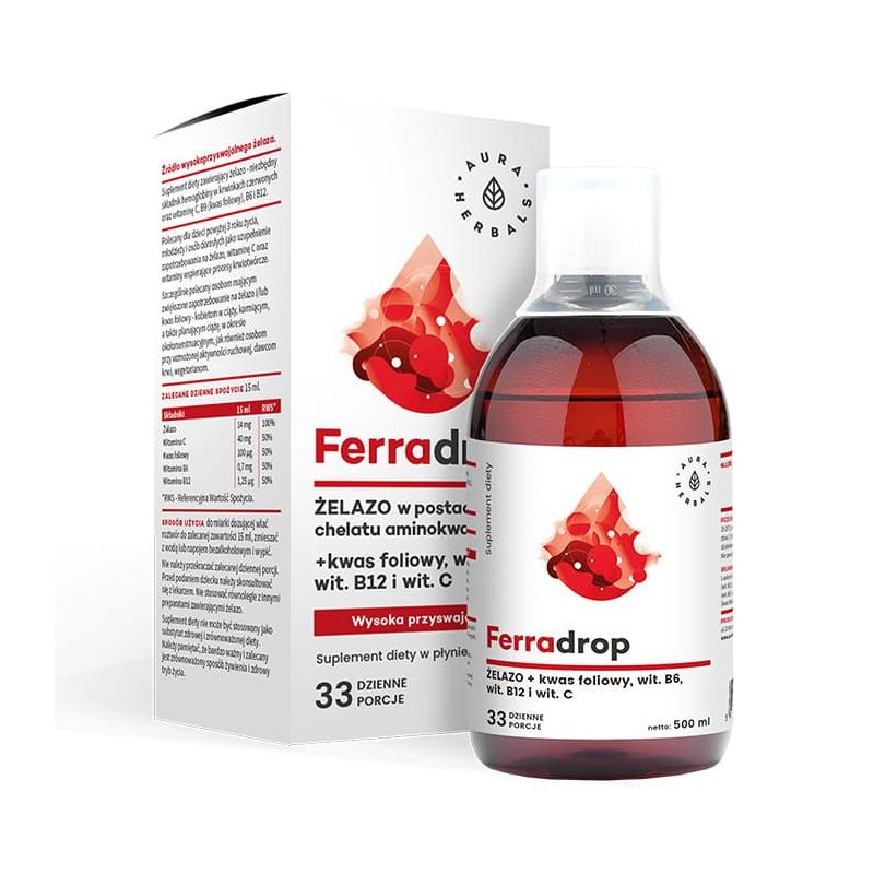 Ferradrop - Żelazo + Witamina C + Witamina B9 - Kwas Foliowy (500 ml) Aura Herbals