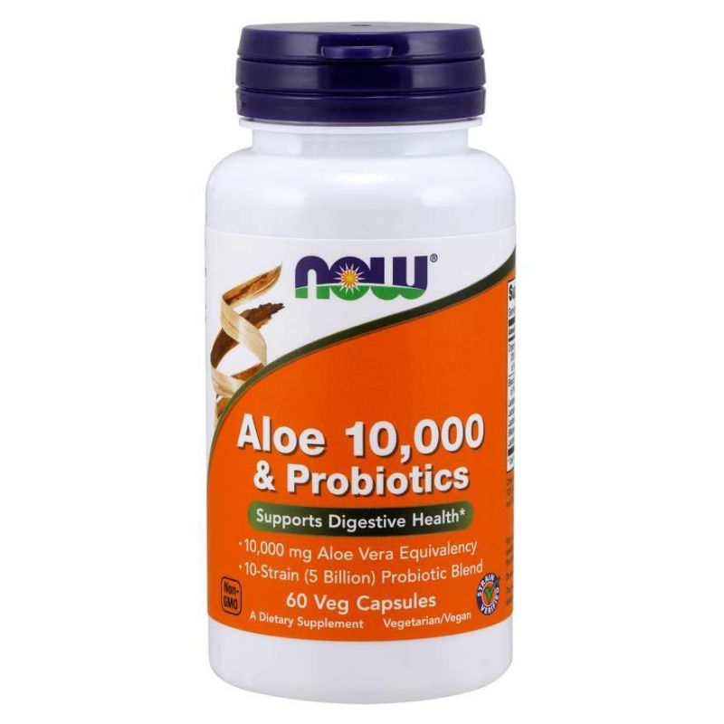Aloes koncentrat z Liści Aloesu + 10 szczepów bakterii probiotycznych (60 kaps.) NOW Foods