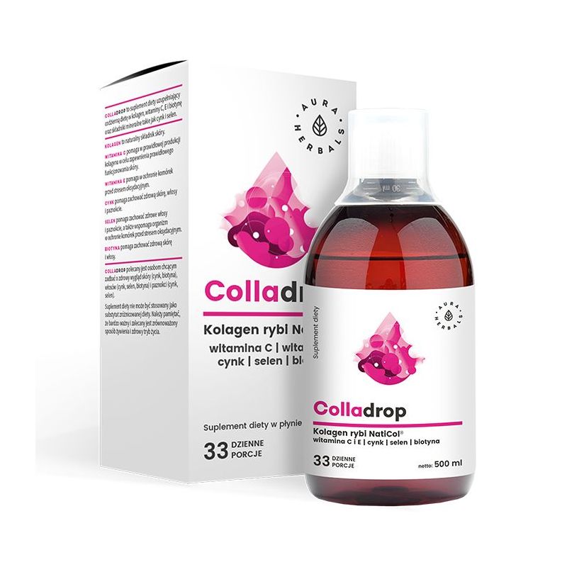 Colladrop - Kolagen Rybi NatiCol w płynie + Wit. C, E, Cynk, Selen, Biotyna (500 ml) Aura Herbals