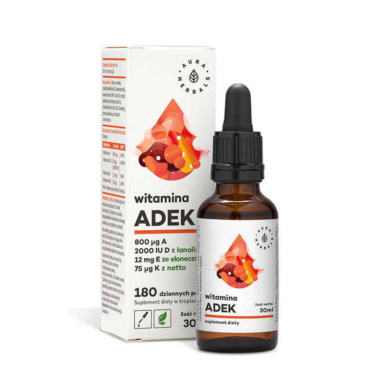 Witamina A + D3 + E + K2 MK7 w kroplach - ADEK (30 ml) Aura Herbals