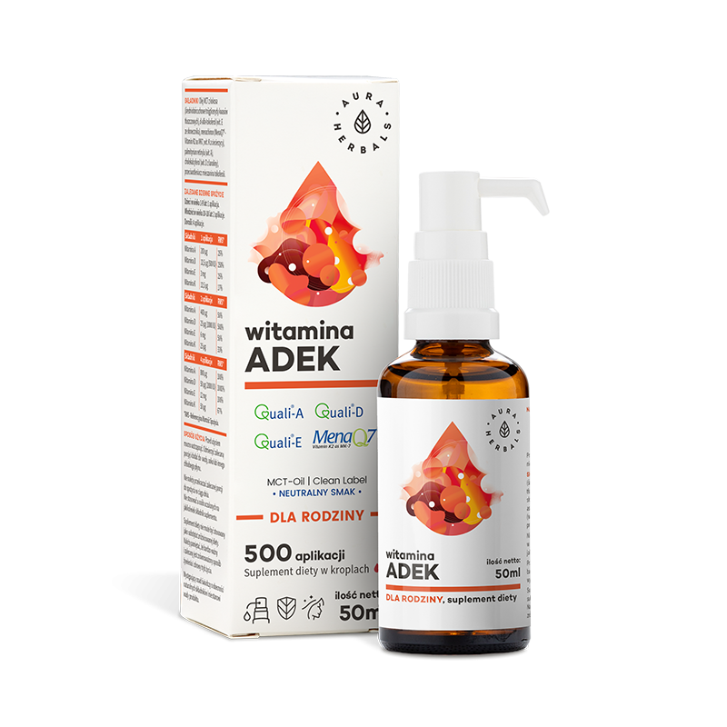 Witamina A + D3 + E + K2 MK-7 w płynie z MCT - ADEK dla rodziny (50 ml) Aura Herbals