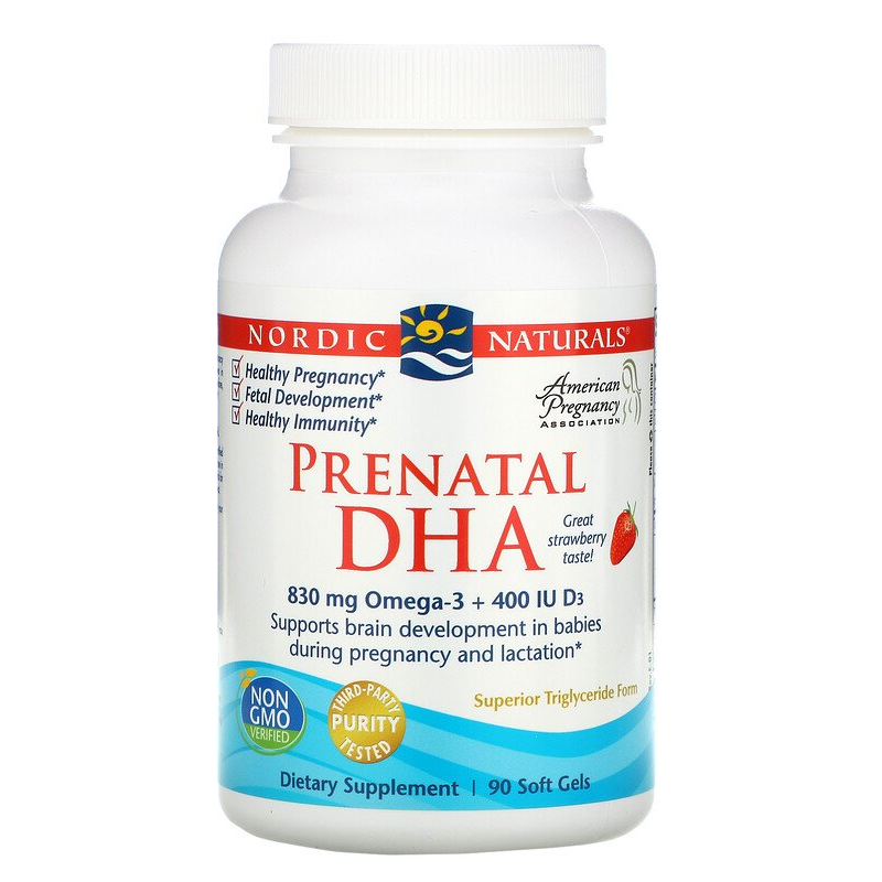 Prenatal DHA - Omega 3 830 mg + Witamina D3 400 IU o smaku truskawkowym (90 kaps.) Nordic Naturals